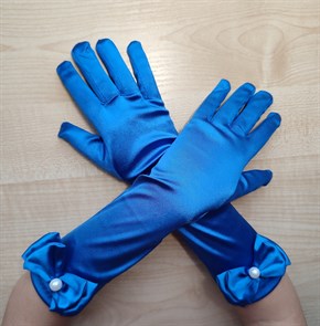 Детские перчатки атласные длинные с бантиком, синие