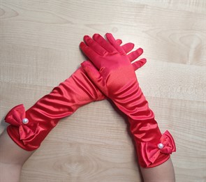 Детские перчатки атласные длинные с бантиком, красные