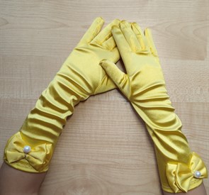 Детские перчатки атласные длинные с бантиком, желтые