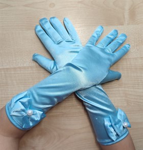 Детские перчатки атласные длинные с бантиком, голубое озеро