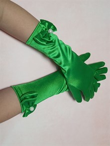 Детские перчатки атласные длинные с бантиком, зеленые