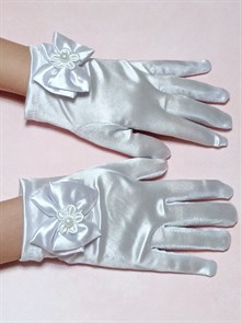 Детские перчатки атлас, Короткие с бантом, белые